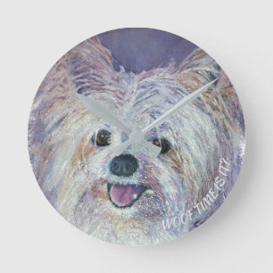 CUTE WHITE YORKIE MIX ROUND CLOCK