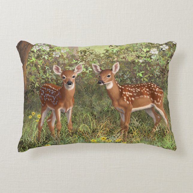 Cute Whitetail Deer Twin Fawns Decorative Pillow (Front)