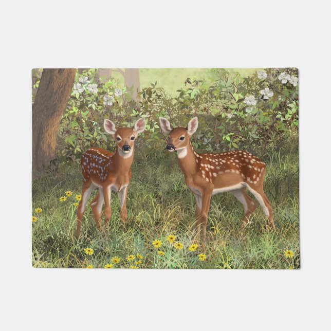Cute Whitetail Deer Twin Fawns Doormat (Front)