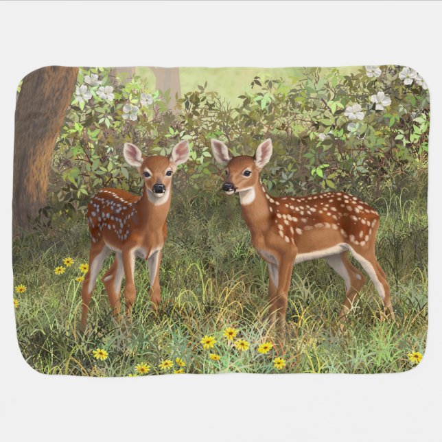 Cute Whitetail Deer Twin Fawns Stroller Blanket (Horizontal)