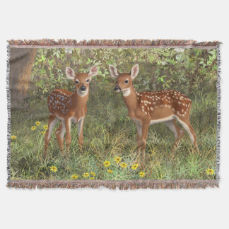 Cute Whitetail Deer Twin Fawns Throw Blanket
