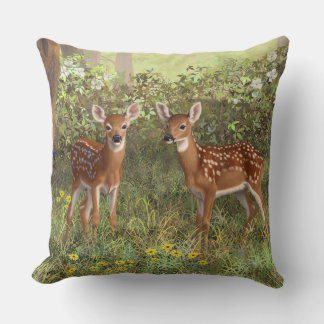 Cute Whitetail Deer Twin Fawns Throw Pillow