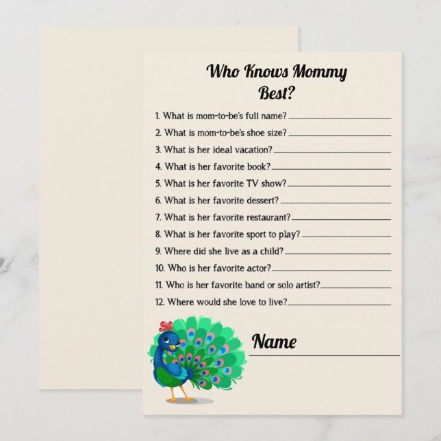 Cute Who Knows Mommy Best Peacock Baby Shower Game Invitation (Front/Back)