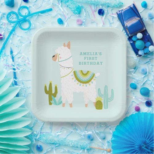Cute Whole Llama Fun Aqua 1st Birthday Party Paper Plates