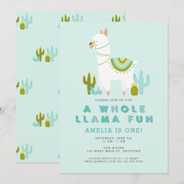 Cute Whole Llama Fun Aqua First Birthday Party Invitation (Front/Back)
