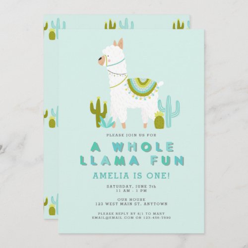 Cute Whole Llama Fun Aqua First Birthday Party Invitation