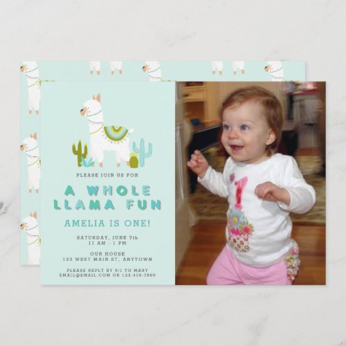 Cute Whole Llama Fun Aqua First Birthday Photo Invitation