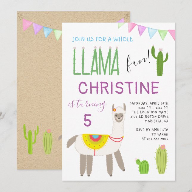 Cute Whole Llama Fun Kids Birthday Invitation (Front/Back)