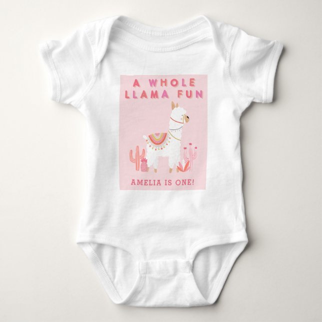Cute Whole Llama Fun Pink 1st Birthday Baby Bodysuit (Front)