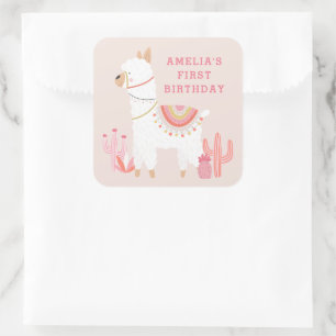 Cute Whole Llama Fun Pink 1st Birthday Party Favor Square Sticker