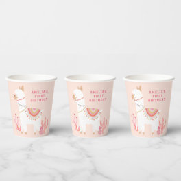 Cute Whole Llama Fun Pink 1st Birthday Party Paper Cups