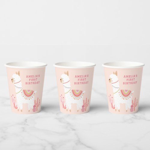 Cute Whole Llama Fun Pink 1st Birthday Party Paper Cups