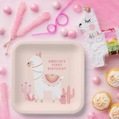 Cute Whole Llama Fun Pink 1st Birthday Party Paper Plates