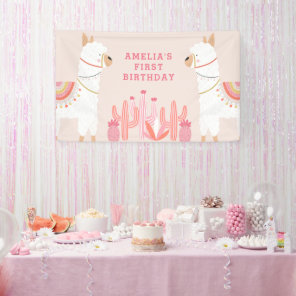 Cute Whole Llama Fun Pink First Birthday Party Banner
