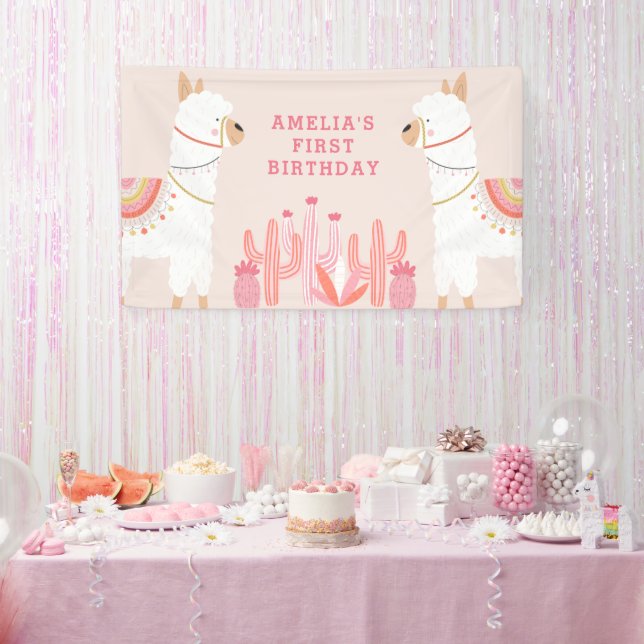 Cute Whole Llama Fun Pink First Birthday Party Banner (Party)