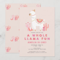Cute Whole Llama Fun Pink First Birthday Party