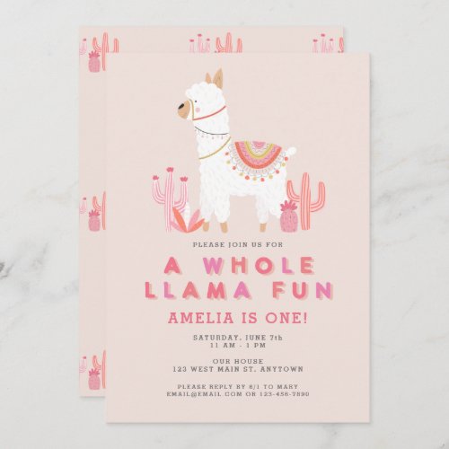 Cute Whole Llama Fun Pink First Birthday Party Invitation