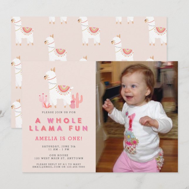 Cute Whole Llama Fun Pink First Birthday Photo Invitation (Front/Back)