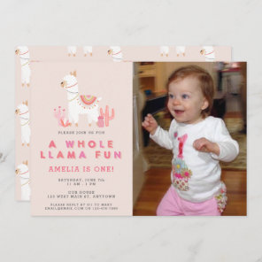 Cute Whole Llama Fun Pink First Birthday Photo Invitation