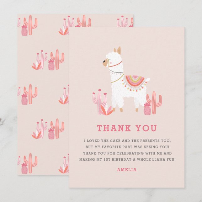 Cute Whole Llama Fun Pink First Birthday Thank You Card (Front/Back)