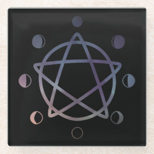 Cute Wicca Pentagram and Moon Phases Glass Coaster