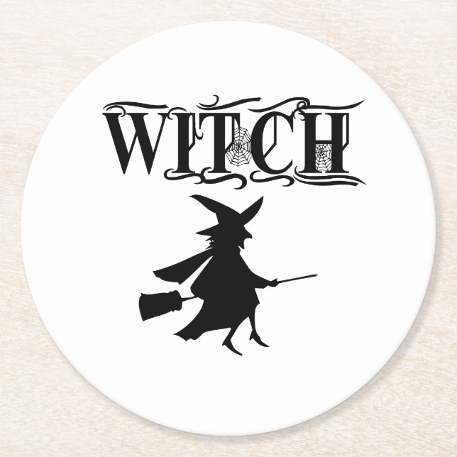 Cute Wicked Flying Witch Halloween Round Paper Coaster (Front)