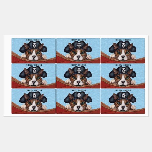 Cute Wide Eyed Brown Cat Pirate Hat Red Boat Kids Labels