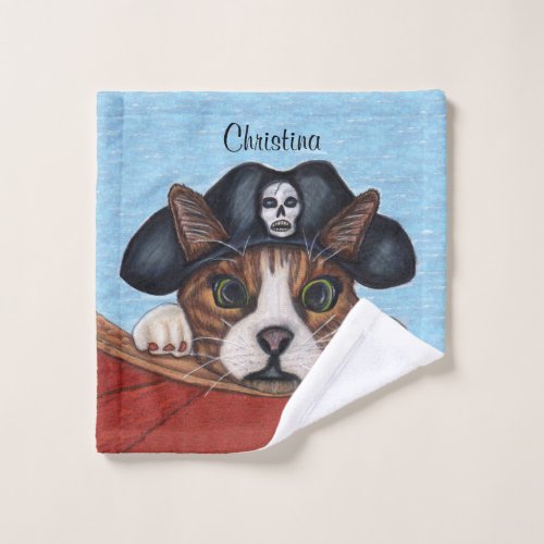 Cute Wide Eyed Brown Cat Pirate Hat Red Boat Wash Cloth