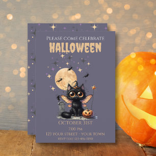 Cute Wide-Eyed Winged Fairy Black Cat Halloween Invitation