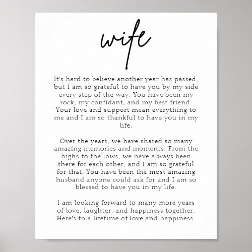 Cute Wife Anniversary Message Valentine Couples Poster