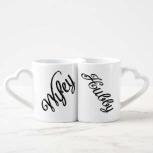 Cute Wifey & Hubby Retro Script Wedding Coffee Mug Set