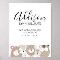 Cute Wild Animals Baby Birth Stats Nursery Print