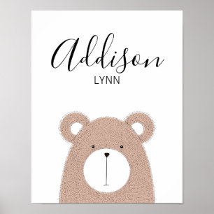 Cute Wild Animals Bear Baby Name Nursery Print