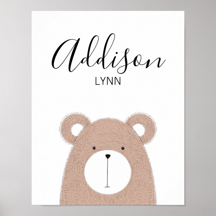 Cute Wild Animals Bear Baby Name Nursery Print | Zazzle