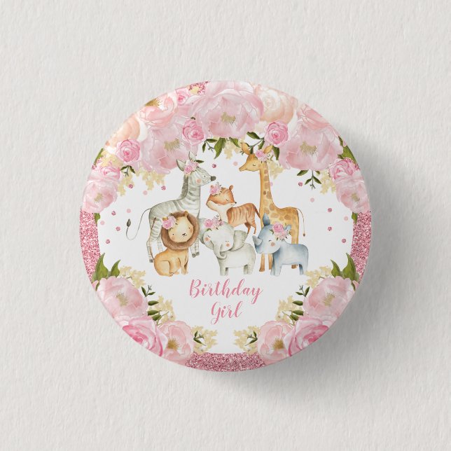 Cute Wild Animals Blush Pink Floral Birthday Girl Button (Front)