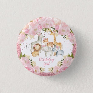 Cute Wild Animals Blush Pink Floral Birthday Girl Button
