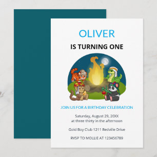 Cute Wild Animals Campfire Kids First Birthday Invitation