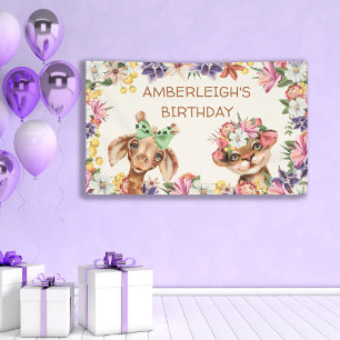 Cute Wild Animals Giraffe Tiger Flowers Birthday  Banner