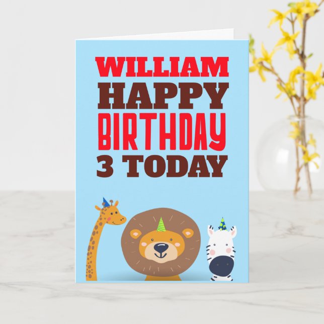 Cute Wild Animals Kids Any Age Name Birthday Card (Yellow Flower)