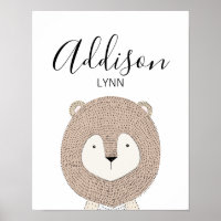 Cute Wild Animals Lion Baby Name Nursery Print