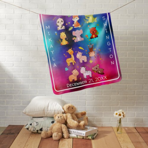 Cute  Wild Animals on Tie_Dye Blue and Pink Baby Blanket