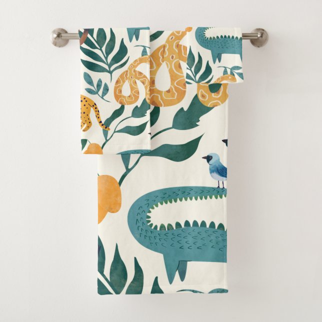 Cute wild animals pattern for boys l Blue Yellow Bath Towel Set (Insitu)