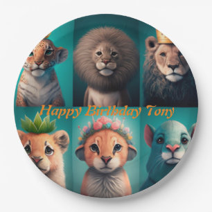 Cute wild animals wearing crowns blue paper plates