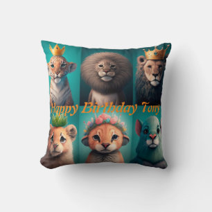 Cute wild animals wearing crowns blue throw pillow