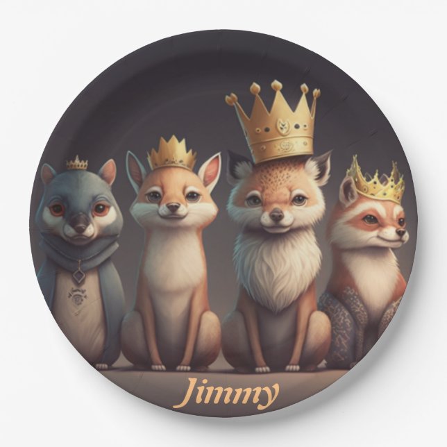 Cute wild animals wearing crowns    paper plates (Front)