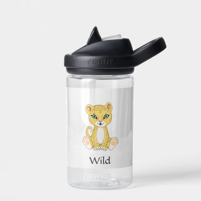 Cute Wild Baby Leopard on White Water Bottle (Left)