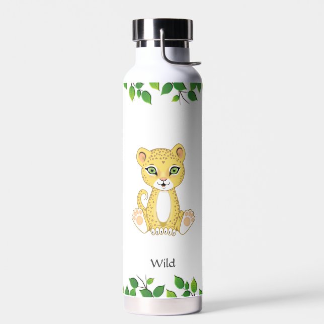 Cute Wild Baby Leopard on White Water Bottle (Left)