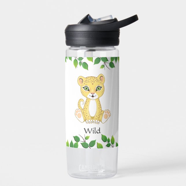 Cute Wild Baby Leopard on White Water Bottle (Left)