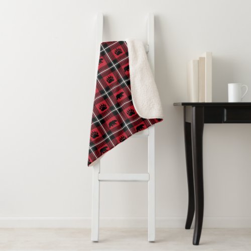 Cute Wild Bear and Paw Red Black  White Flannel Sherpa Blanket