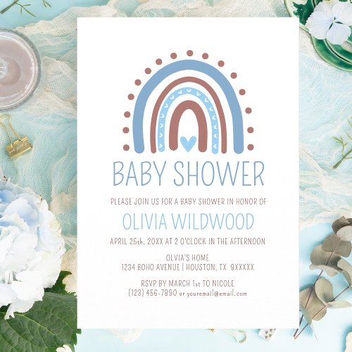 Cute Wild Boho Rainbow Blue Boy Baby Shower Invitation